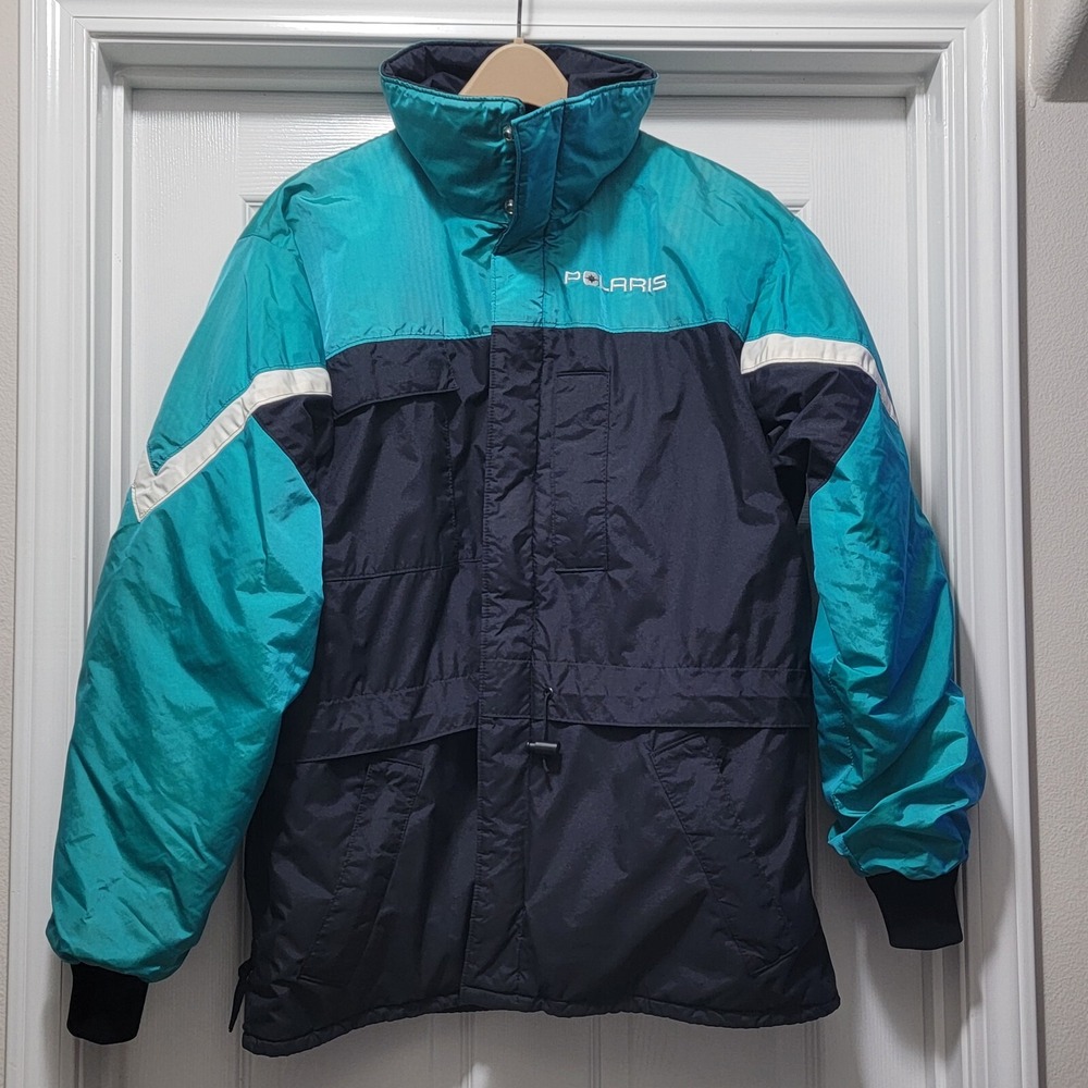 VTG 80s Polaris Insulated Teal Blue Nylon Snowmobile Jacket USA Men's XL READ